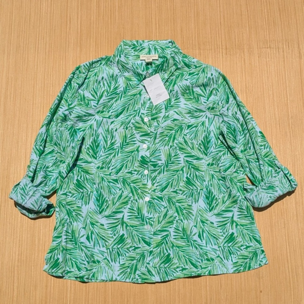 NWT Appleseed's Green Tropical Resortwear Cotton Roll Tab Sleeve Top Women's PL